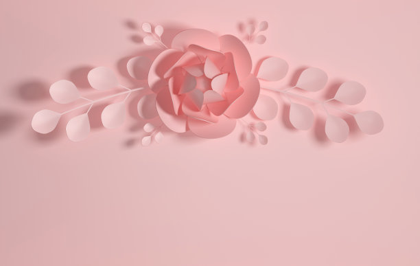 3d渲染纸花与树枝和树叶。数码插画，粉色粉彩纸花。花卉构图背景，婚礼卡片，羽毛笔，浪漫的新娘花束图片下载