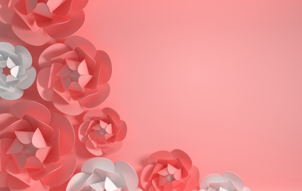 3d渲染纸牡丹玫瑰。数码插图，粉彩背景和白色和粉色纸花。花卉构图背景，婚礼卡片，羽毛笔，浪漫的新娘花束图片下载