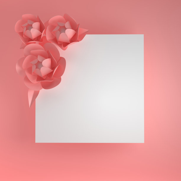 3d渲染纸牡丹玫瑰和一张空白纸。数码插图，粉彩背景和粉色纸花。花卉构图背景，婚礼卡片，羽毛笔，浪漫的新娘花束图片下载