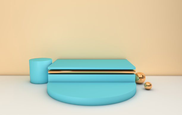 3d渲染金色，蓝色和柔和的米色几何形状，平台在米色房间。一套产品展示平台，模拟。现代极简设计中的抽象构图图片下载