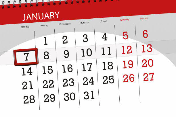 2019年1月的日历计划，截止日期，7日，周一图片下载