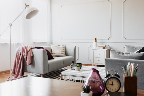 真实的照片，一个明亮的客厅内部与沙发和特写的紫色花瓶图片下载