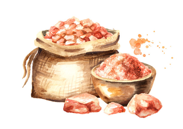 粉红色喜马拉雅盐。水彩手绘插图，孤立的白色背景图片下载