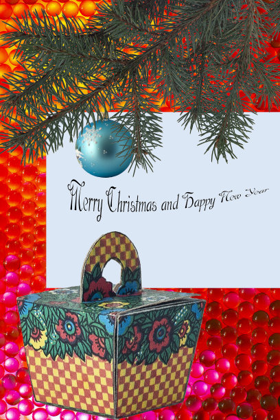 圣诞卡与红色和蓝色的圣诞球的背景上的圣诞树图片下载