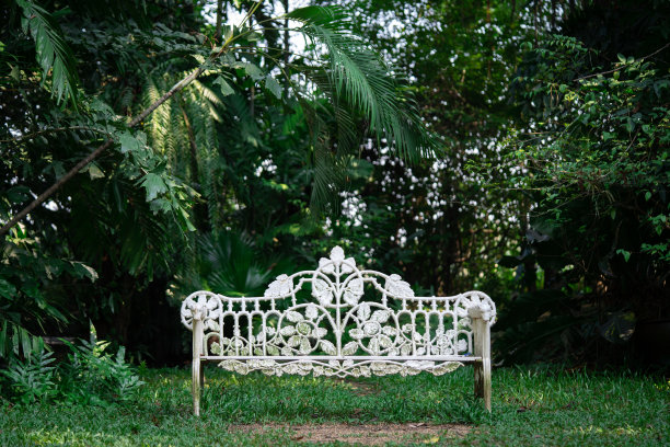 白色英式长椅公园的中央是空的。让心情别具一格，空而静。有一棵树作为绿色的背景。图片下载