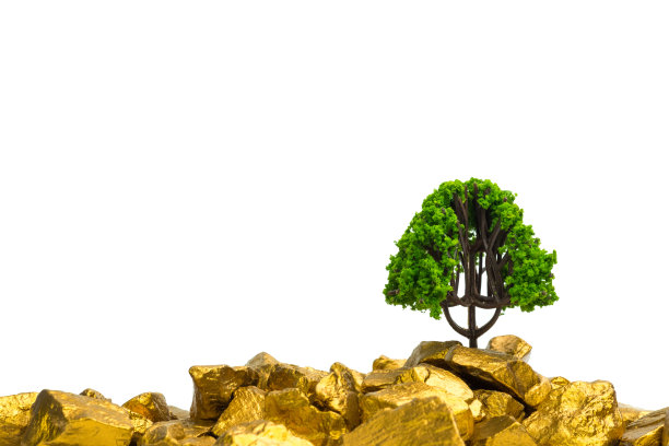 树上生长着成堆的金块，成长着企业财务投资的概念。图片下载