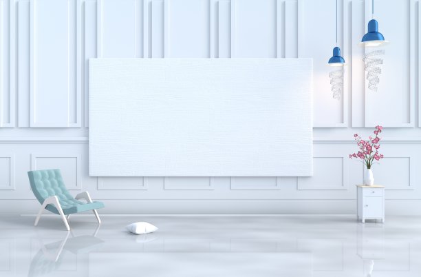 白色客厅装饰，绿色扶手椅，白色木墙，兰花。圣诞节，新年，快乐屋。3 d渲染。图片下载