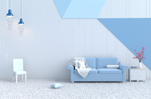 白色客厅装饰，蓝色沙发，白蓝墙，兰花，地毯，灯，织物，椅子，花。圣诞节，新年，快乐屋。3 d渲染。图片下载