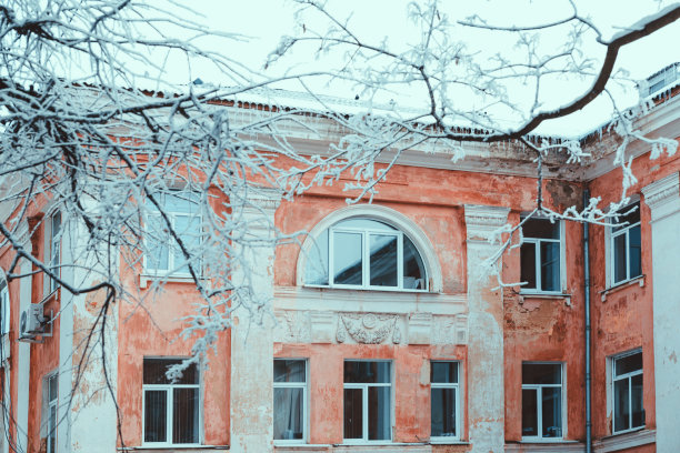 白雪皑皑的树枝映衬着一座橙色建筑，建筑有一个半圆形或夹层的窗户。图片下载