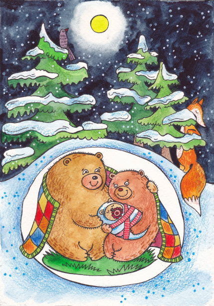 水彩插图与熊的家庭在一个冬天的巢穴。家熊在冬天的森林里，白雪覆盖的树木，晚上下雪。新年和圣诞节的节日贺卡图片下载