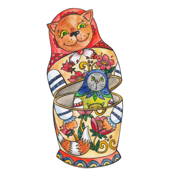 孤立的插图猫-娃娃，家庭猫，母亲和女儿。Matreshka以猫的形式出现。俄罗斯的木制玩偶图片下载