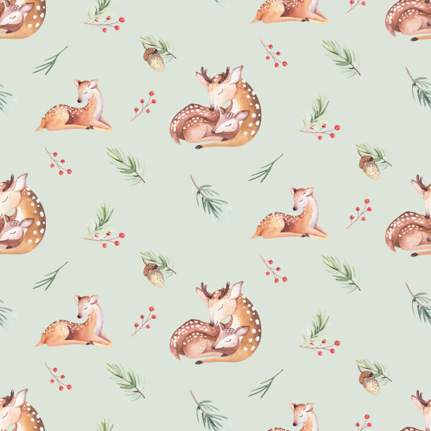可爱的水彩画小鹿动物无缝图案，幼儿园儿童服装孤立插图，图案。水彩手绘波西米亚形象完美的手机套设计，婴儿海报素材图片