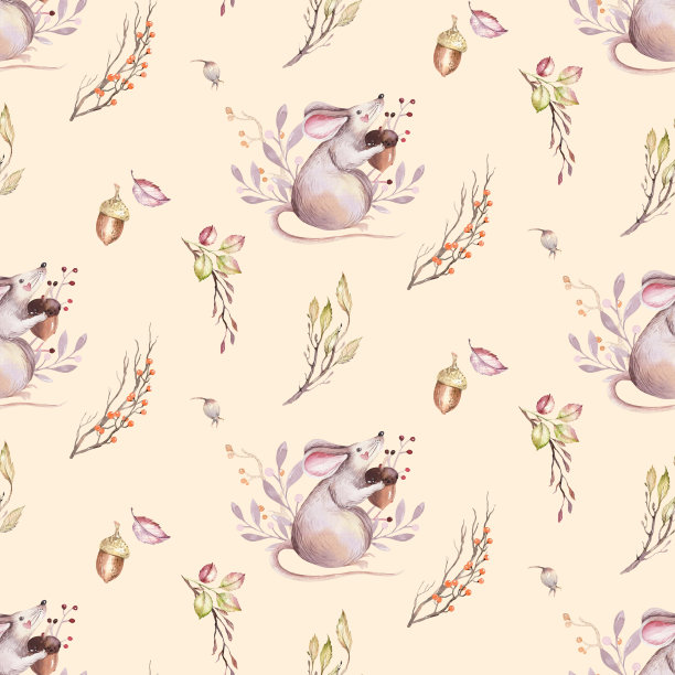 水彩可爱宝宝卡通兔、鼠、熊动物无缝图案，松鼠幼儿园孤立插画为儿童服装。刺猬小兔子手绘的托儿所海报，明信片图片下载