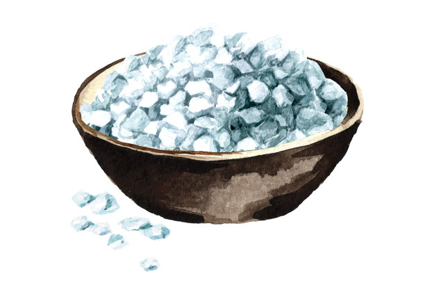 粗海盐在碗水彩手绘插图孤立的白色背景图片下载