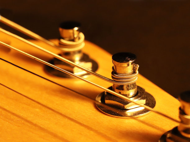 电吉他的琴颈，有琴栓和弦。一种木制弦乐器的艺术照片。近细节的吉他弦和模糊的背景图片下载