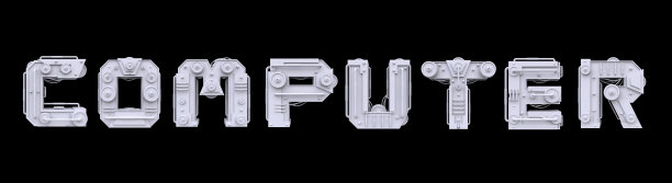 铁机械字计算机孤立在黑色背景上。科幻或蒸汽朋克风格的未来工业金属文本。逼真的3 d渲染。图片下载