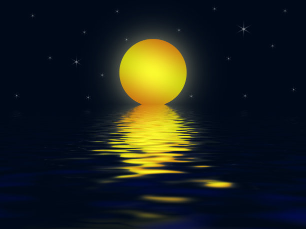 大的太阳/月亮插图与水在晚上的反射图片下载