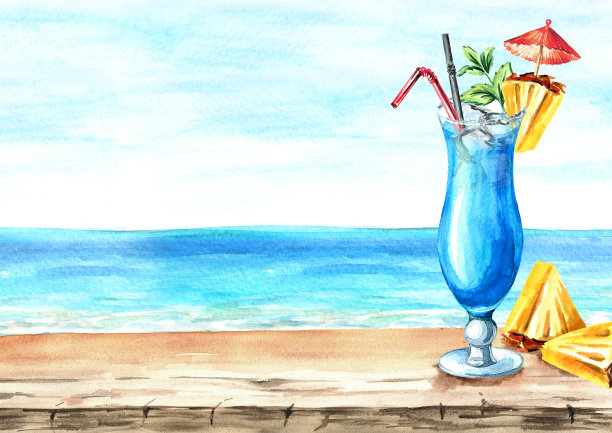 以大海为背景的蓝色泻湖鸡尾酒。夏天喝。背景与空白的文字。水彩手绘插图图片下载