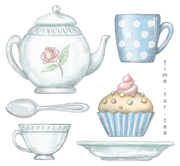 设置与杯子，茶杯，茶匙，茶壶，盘子和纸杯蛋糕图片下载