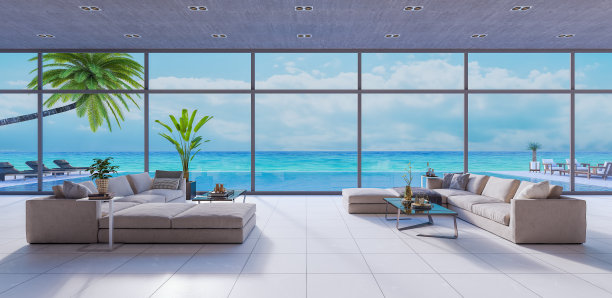 现代客厅，室内设计3D渲染图片下载