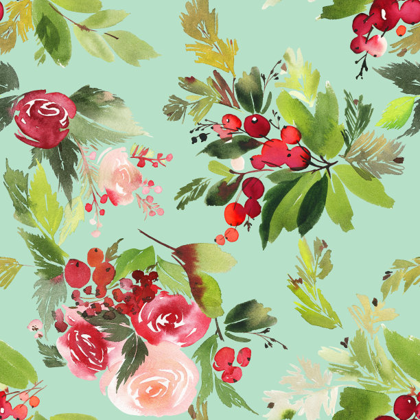 无缝水彩圣诞图案与浆果和云杉素材图片