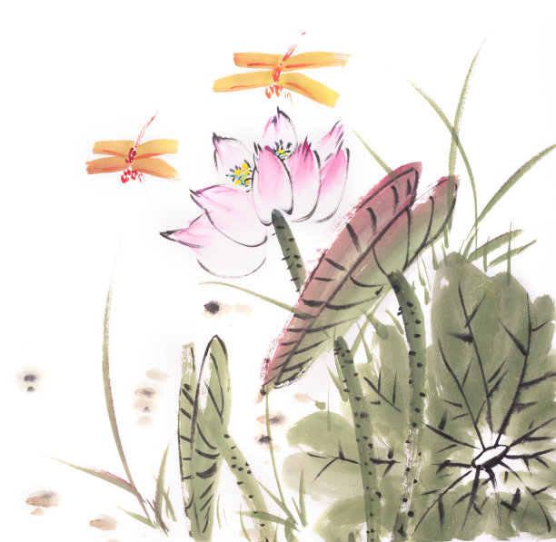 荷花手绘水墨，中国水彩画图片下载