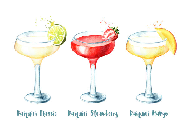 酒精鸡尾酒代基里系列。水彩手绘插图孤立的白色背景图片下载