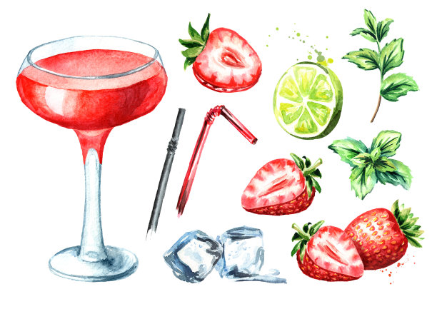 用草莓和装饰的酒鸡尾酒代基里。水彩手绘插图孤立的白色背景图片下载