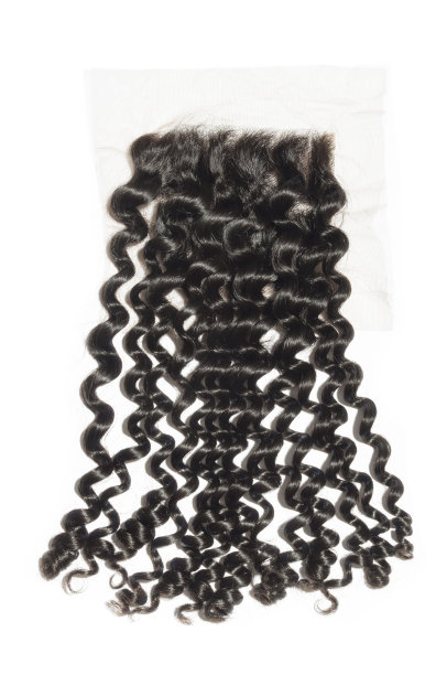 深波浪卷曲的黑色头发编织延伸花边关闭图片下载