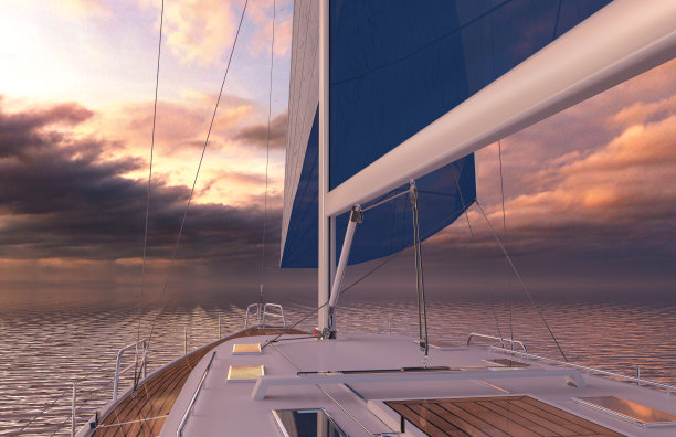 帆船在开放的海上朝着日落3d插图图片下载