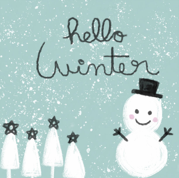 你好冬天字和雪人水彩画插图素材图片