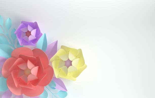 3d渲染纸花与树枝和树叶。数字插图，彩色纸花。花卉构图背景，婚礼卡片，羽毛笔，浪漫的新娘花束图片下载