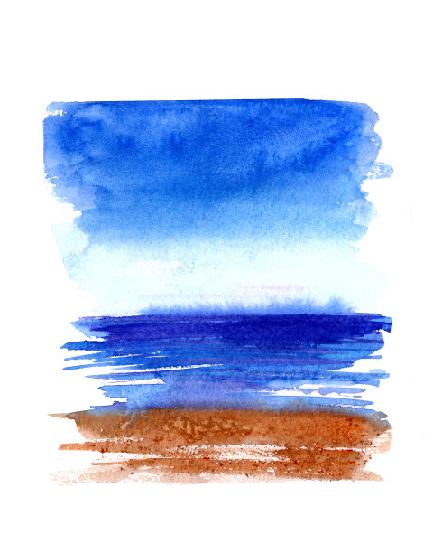 垂直染色，蓝色和橙色。海边、海滩和湛蓝的天空。图片下载
