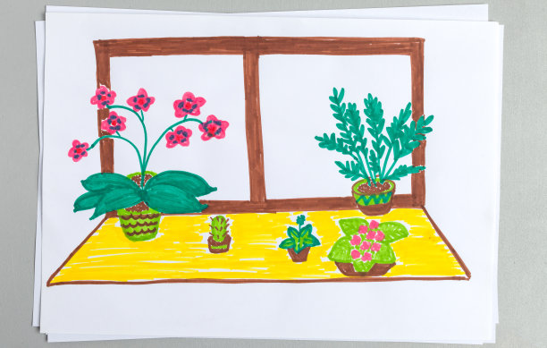 孩子画的盆栽在窗台上的白色背景。图片下载