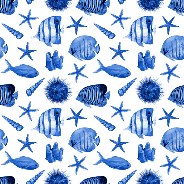 水彩无缝模式与水下生命对象。图片下载