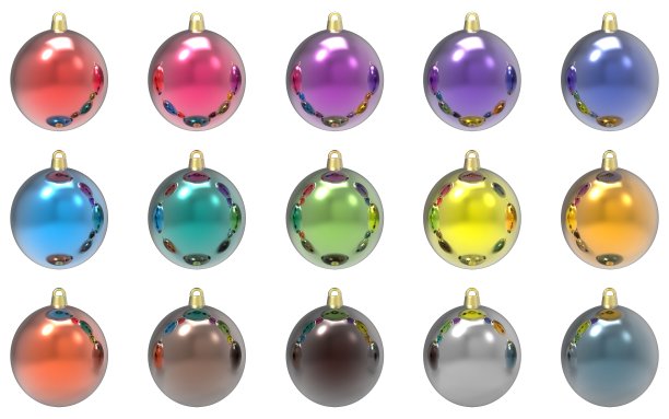 15种颜色的圣诞球装饰3d渲染图片下载