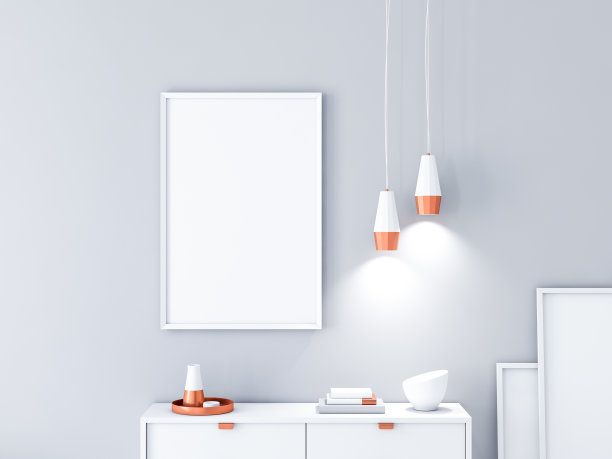 垂直海报框架模型为您的艺术挂在墙上的现代室内两盏灯和装饰图片下载