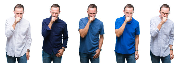 英俊的资深、灰白、优雅的商人，站在孤立的背景下，感觉不适，咳嗽为感冒或支气管炎的症状。医疗保健的概念。图片下载