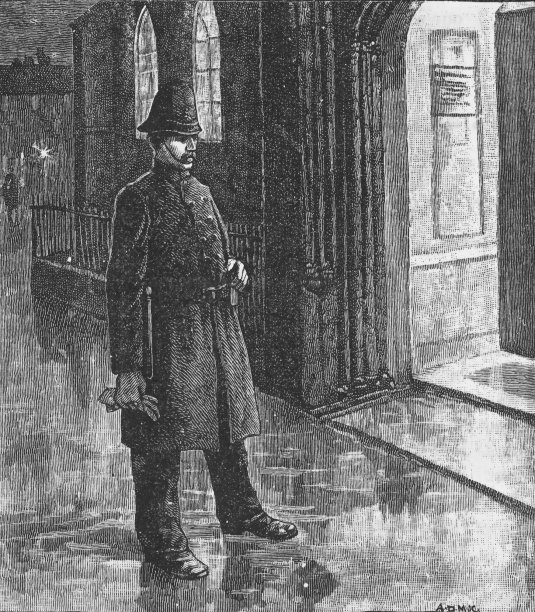 维多利亚时代，黑色和白色的警察在晚上穿着制服站在街道上望着一个明亮的门;19世纪警察部队的箭袋1888年图片下载