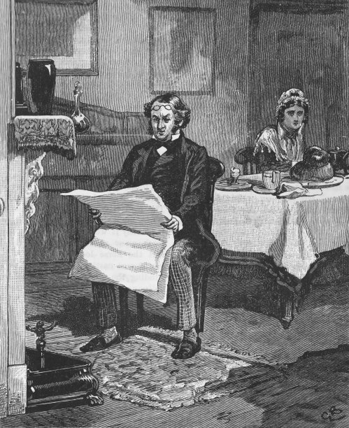 维多利亚时代的黑白版画上，一个衣冠楚楚的男人坐在壁炉前看报纸，他的妻子坐在他身后的餐桌旁;19世纪英国的家庭生活;箭袋1888图片下载