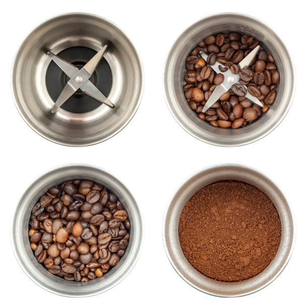 一组四张照片的咖啡研磨机，俯视图:一个空的，一个咖啡研磨机与整个咖啡豆不同水平的填充，与磨碎的咖啡。在白色背景上隔离图片下载