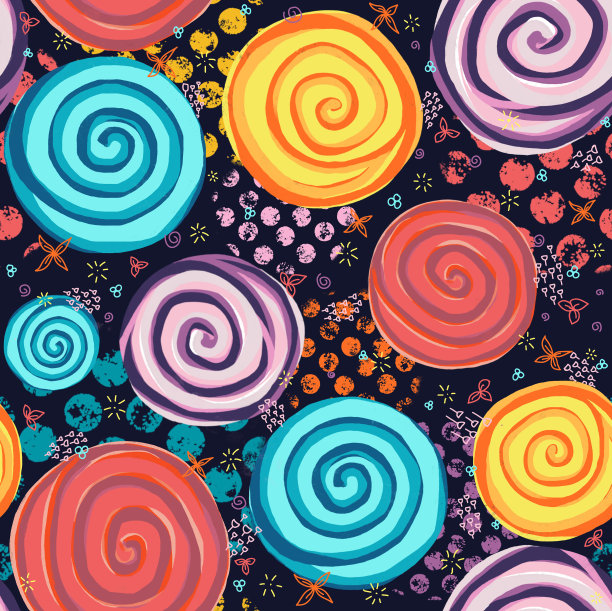抽象圆形螺旋形状上的黑色背景无缝图案。红的，黄的，紫的，蓝的图片下载