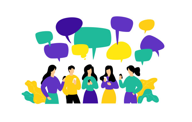 人们使用手机的插图。员工在聊天室里通过信使交流。平的风格。社交网络中的交流。对移动设备和互联网的依赖。人沟通。图片下载