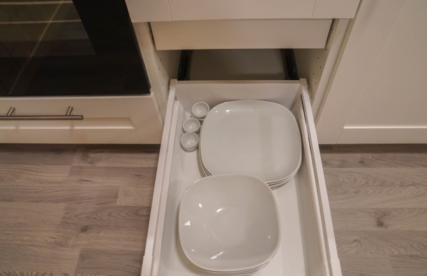 厨房橱柜中用于烹饪晚餐的白色陶瓷盘子图片下载