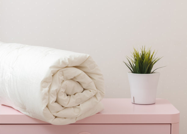 梳妆台上放着一床卷好的羽绒被。床用毛毯图片下载