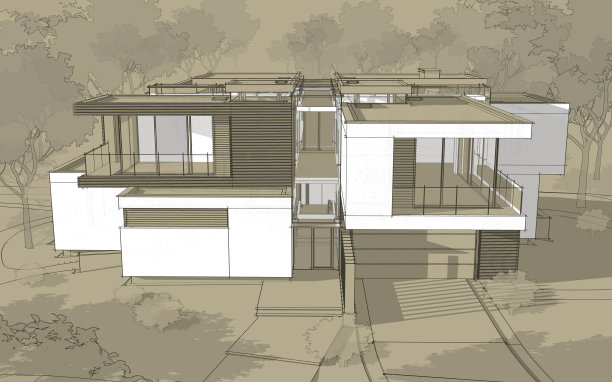 现代舒适住宅的三维效果图。带白点的黑线草图。图片下载