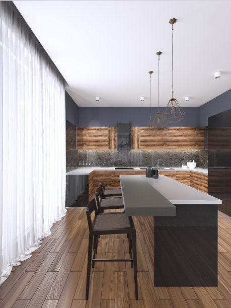 一个黑暗的厨房内部的侧视图，木地板，一个吧台，凳子和金属天花板灯。图片下载