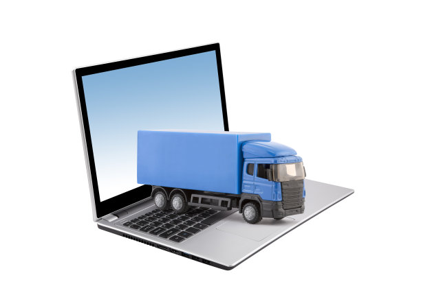 笔记本电脑上的蓝色卡车，白色背景图片下载