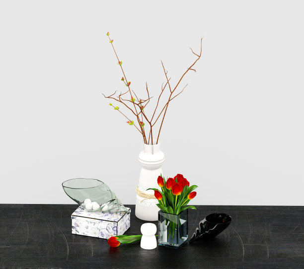 3d渲染桌子装饰与郁金香图片下载