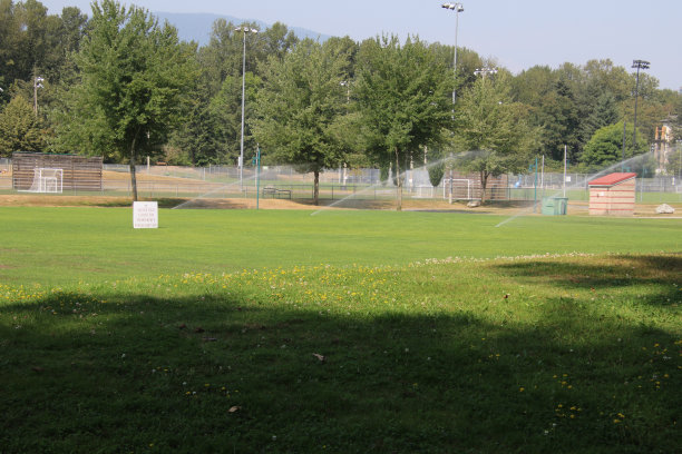 一个有三个洒水器的足球场图片下载